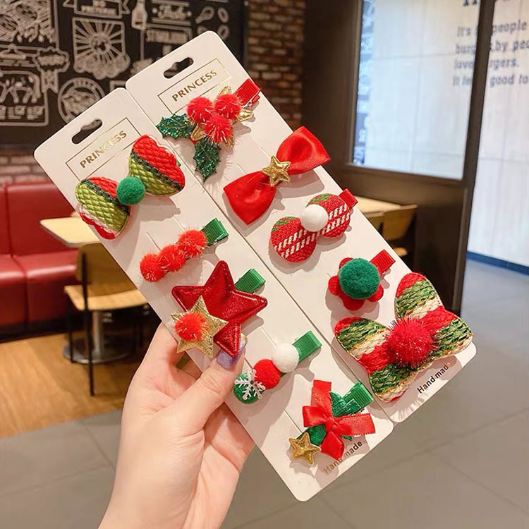 Five-Piece Suit Bow Barrettes Snowman Christmas Tree Duckbill Clip Children Cute Hair Accessories Women Cartoon Hairpin