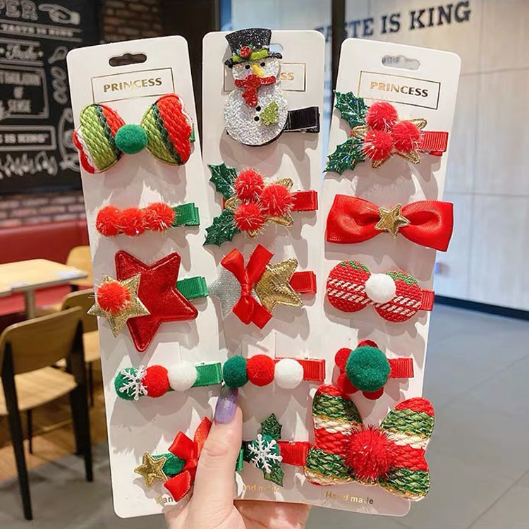 Five-Piece Suit Bow Barrettes Snowman Christmas Tree Duckbill Clip Children Cute Hair Accessories Women Cartoon Hairpin