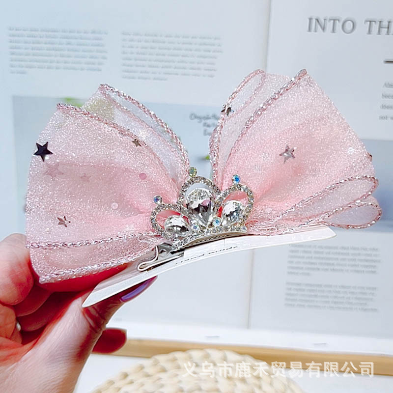 Duckbill Clip Children&#039;s Anti-Rust Fairy Seersucker Rhinestone Crown Three-Dimensional Bow Barrettes Crown Hairpin