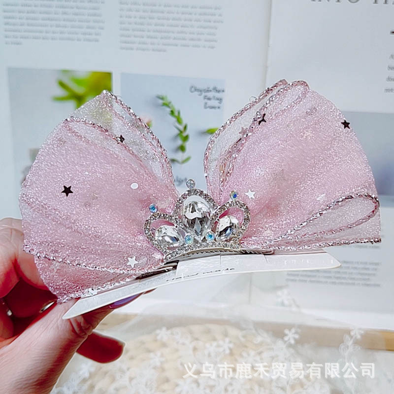 Duckbill Clip Children&#039;s Anti-Rust Fairy Seersucker Rhinestone Crown Three-Dimensional Bow Barrettes Crown Hairpin