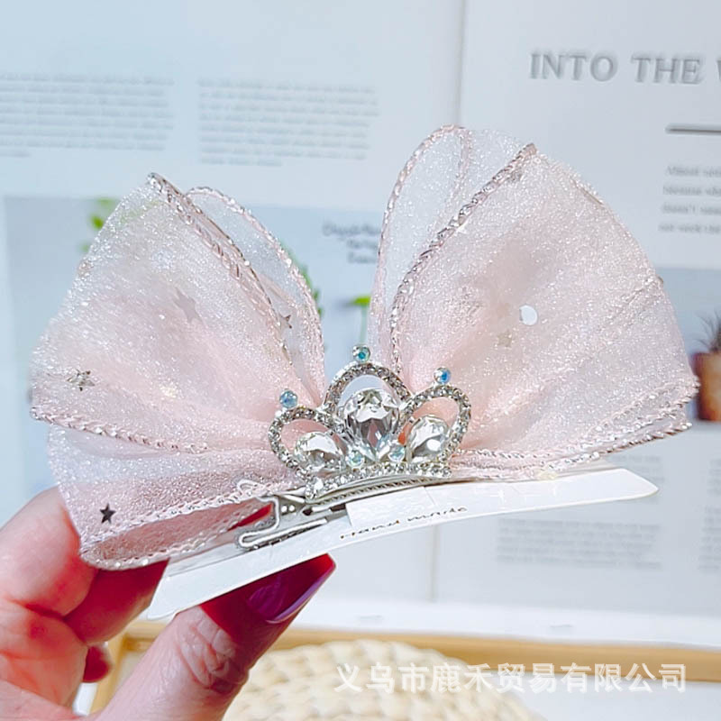 Duckbill Clip Children&#039;s Anti-Rust Fairy Seersucker Rhinestone Crown Three-Dimensional Bow Barrettes Crown Hairpin