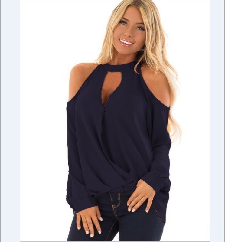 exclusive hot hot style sexy strapless necktie button longsleeve women&#039;s Tshirt plain color chiffon shirt in stock