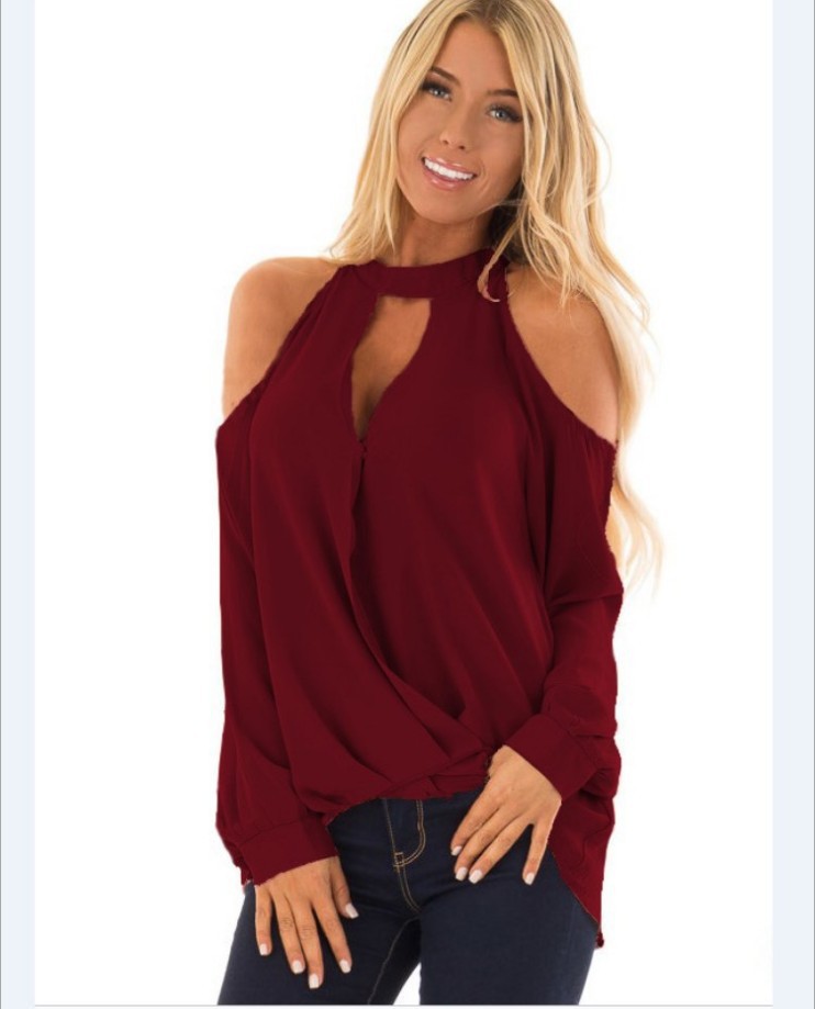 exclusive hot hot style sexy strapless necktie button longsleeve women&#039;s Tshirt plain color chiffon shirt in stock