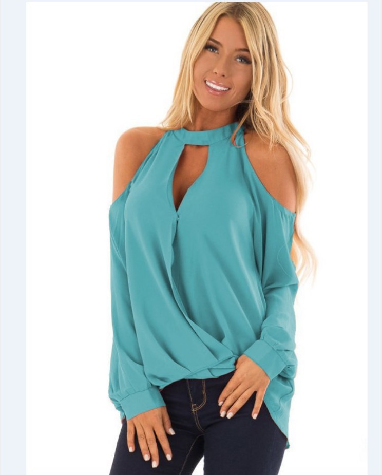 exclusive hot hot style sexy strapless necktie button longsleeve women&#039;s Tshirt plain color chiffon shirt in stock