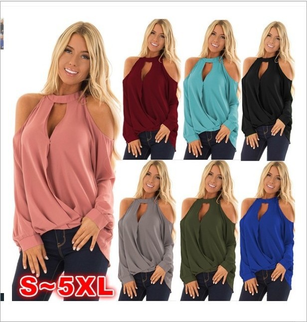 exclusive hot hot style sexy strapless necktie button longsleeve women&#039;s Tshirt plain color chiffon shirt in stock