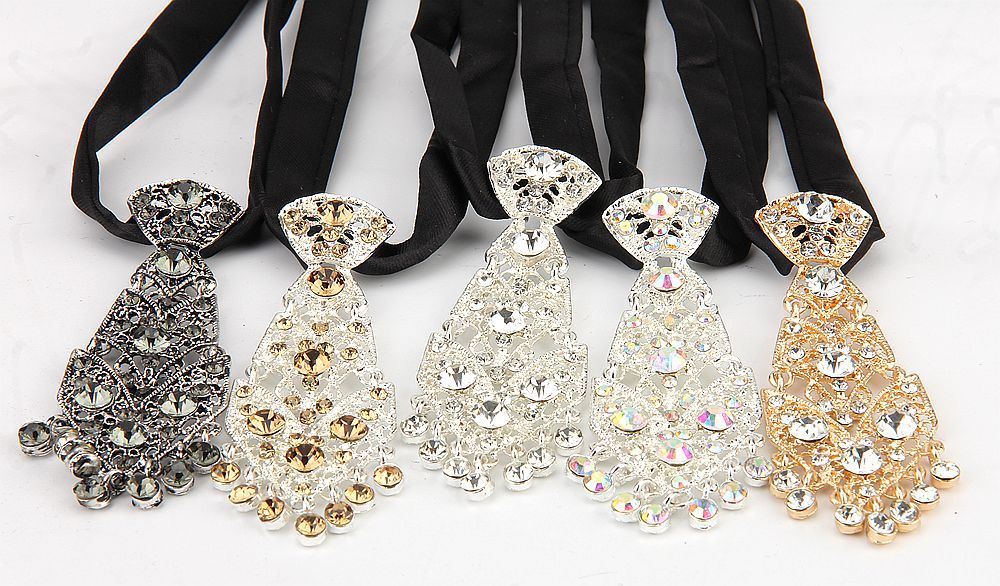 Fashion Trendy Personality Unisex Korean Style Cocktail Party Wedding Host Metal Diamond Small Necktie