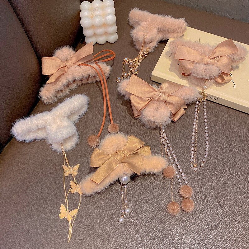 Plush Bow Barrettes Female Korean Style Updo Hair Claw Large Autumn and Winter Shark Clip Hairy Ball Tassel Hairpin Hair Ornaments