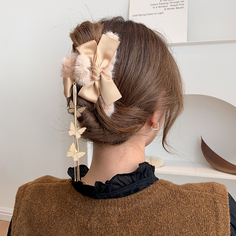 Plush Bow Barrettes Female Korean Style Updo Hair Claw Large Autumn and Winter Shark Clip Hairy Ball Tassel Hairpin Hair Ornaments