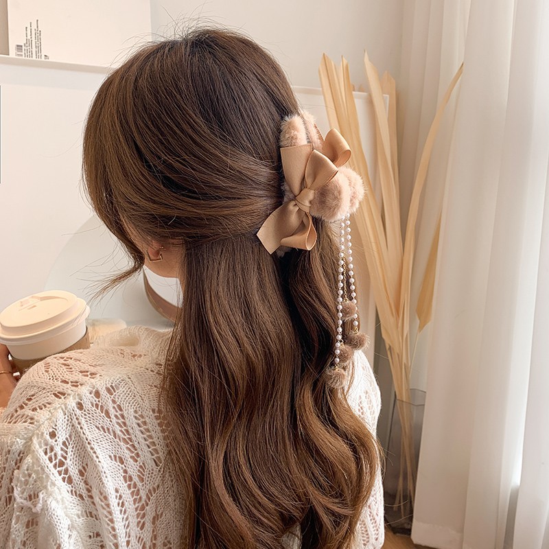Plush Bow Barrettes Female Korean Style Updo Hair Claw Large Autumn and Winter Shark Clip Hairy Ball Tassel Hairpin Hair Ornaments