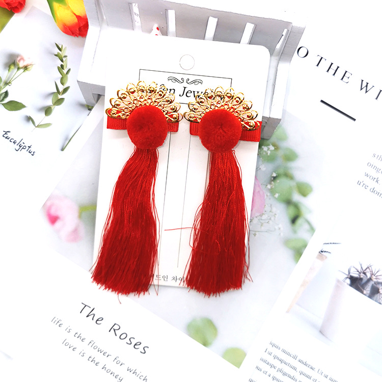 Hair Ball Tassel New Year Headdress Chinese Style Cheongsam Tang Girl&#039;s Clothing Plaid New Year Hairpin Ball Hairpin
