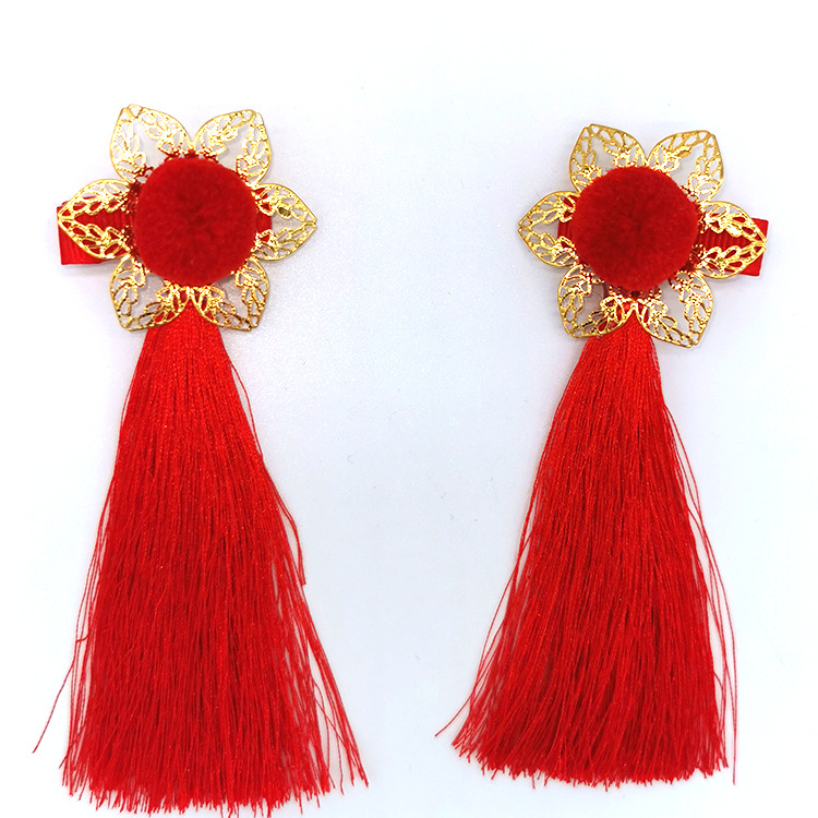 Hair Ball Tassel New Year Headdress Chinese Style Cheongsam Tang Girl&#039;s Clothing Plaid New Year Hairpin Ball Hairpin