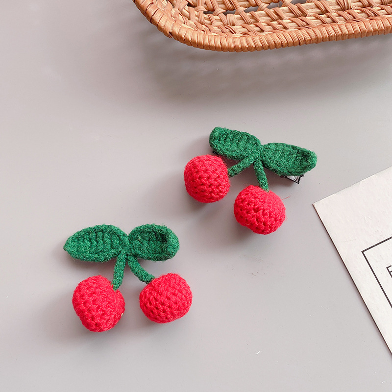 Sweet Knitted Wool Red Cherry Barrettes Cloth Hair Ring All-Match Teenage Girl&#039;s Romance Plaid Hair Rope Ball Hairpin