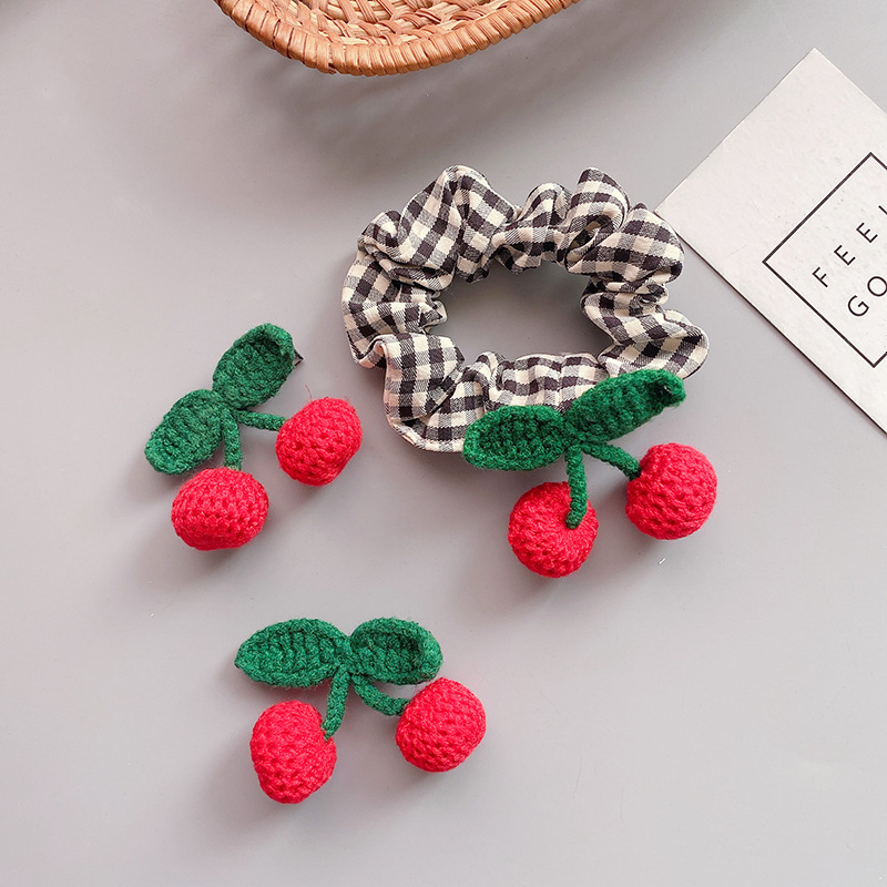 Sweet Knitted Wool Red Cherry Barrettes Cloth Hair Ring All-Match Teenage Girl&#039;s Romance Plaid Hair Rope Ball Hairpin
