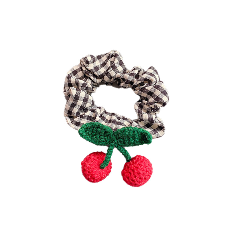 Sweet Knitted Wool Red Cherry Barrettes Cloth Hair Ring All-Match Teenage Girl&#039;s Romance Plaid Hair Rope Ball Hairpin