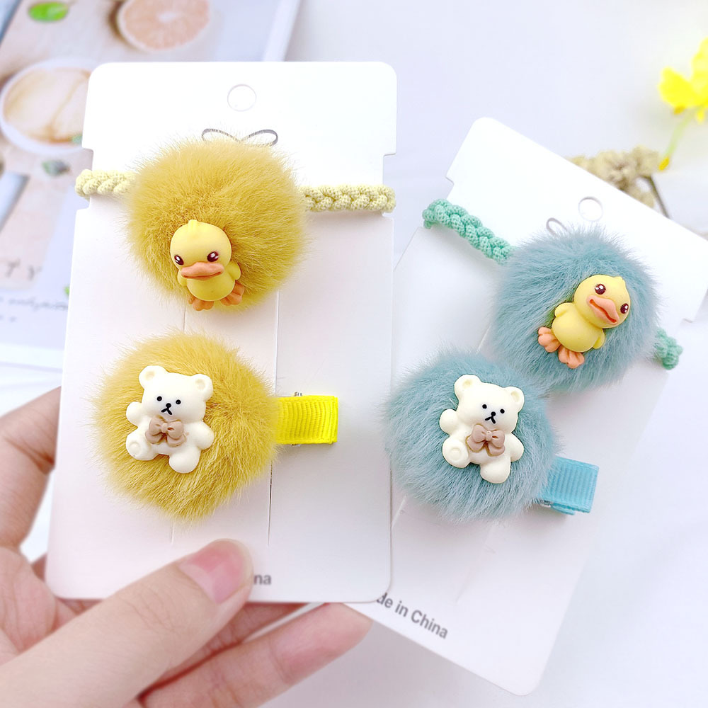  Hairy Ball Hair Band Sweet Pompon Hair Band Clip Suit Girls&#039; Little Duck Hair Rope Bear Hairpin Ball Hairpin