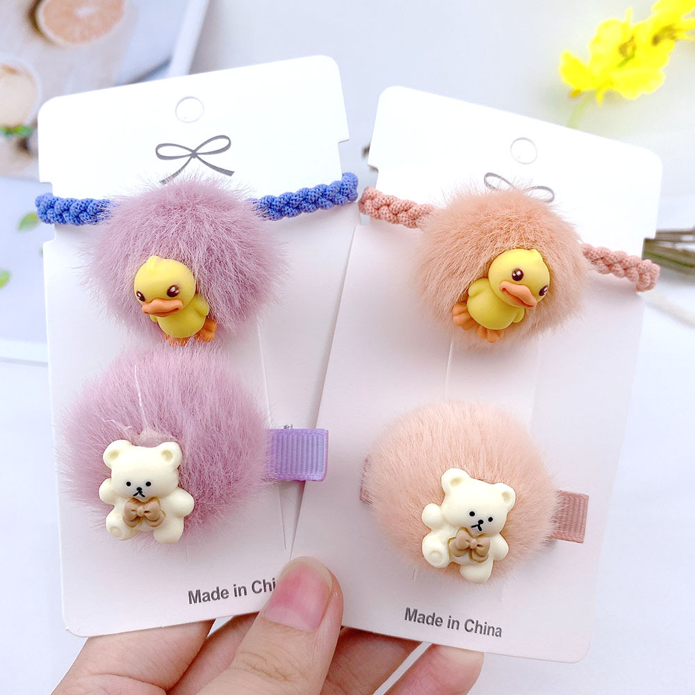  Hairy Ball Hair Band Sweet Pompon Hair Band Clip Suit Girls&#039; Little Duck Hair Rope Bear Hairpin Ball Hairpin