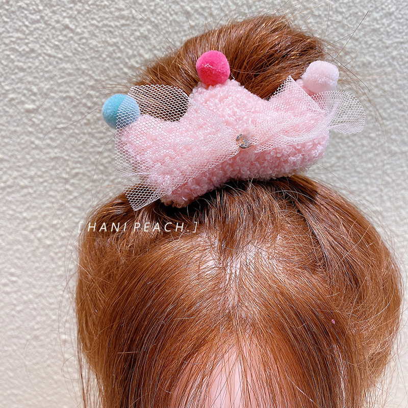 9362 Princess Style Plush Crown Ball Barrettes Children Girl Mesh Bow Top Clip Hairpin Crown Hairpin