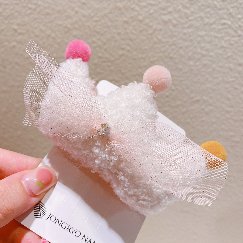 9362 Princess Style Plush Crown Ball Barrettes Children Girl Mesh Bow Top Clip Hairpin Crown Hairpin