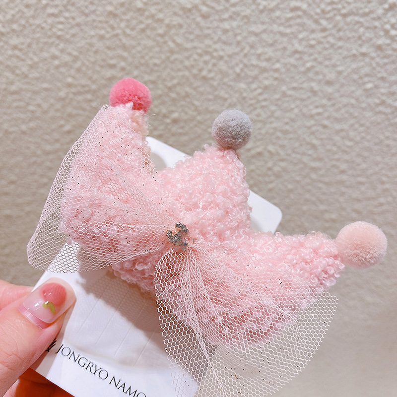 9362 Princess Style Plush Crown Ball Barrettes Children Girl Mesh Bow Top Clip Hairpin Crown Hairpin