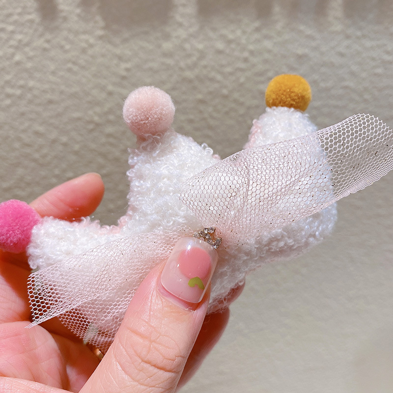 9362 Princess Style Plush Crown Ball Barrettes Children Girl Mesh Bow Top Clip Hairpin Crown Hairpin