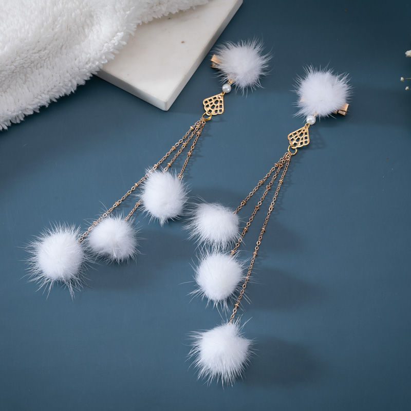 Hanfu Fur Ball Tassel Hairpin Suit Furry Antique Alloy White Side Clip Winter Fur Solid Color Female Ball Hairpin