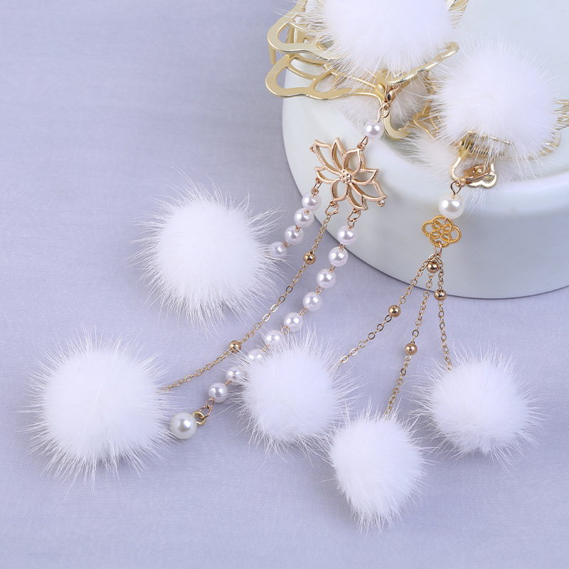  Accessories Butterfly Barrettes White Furry Ball Tassel Grip Antique Plush Headdress Children&#039;s Ornaments Ball Hairpin