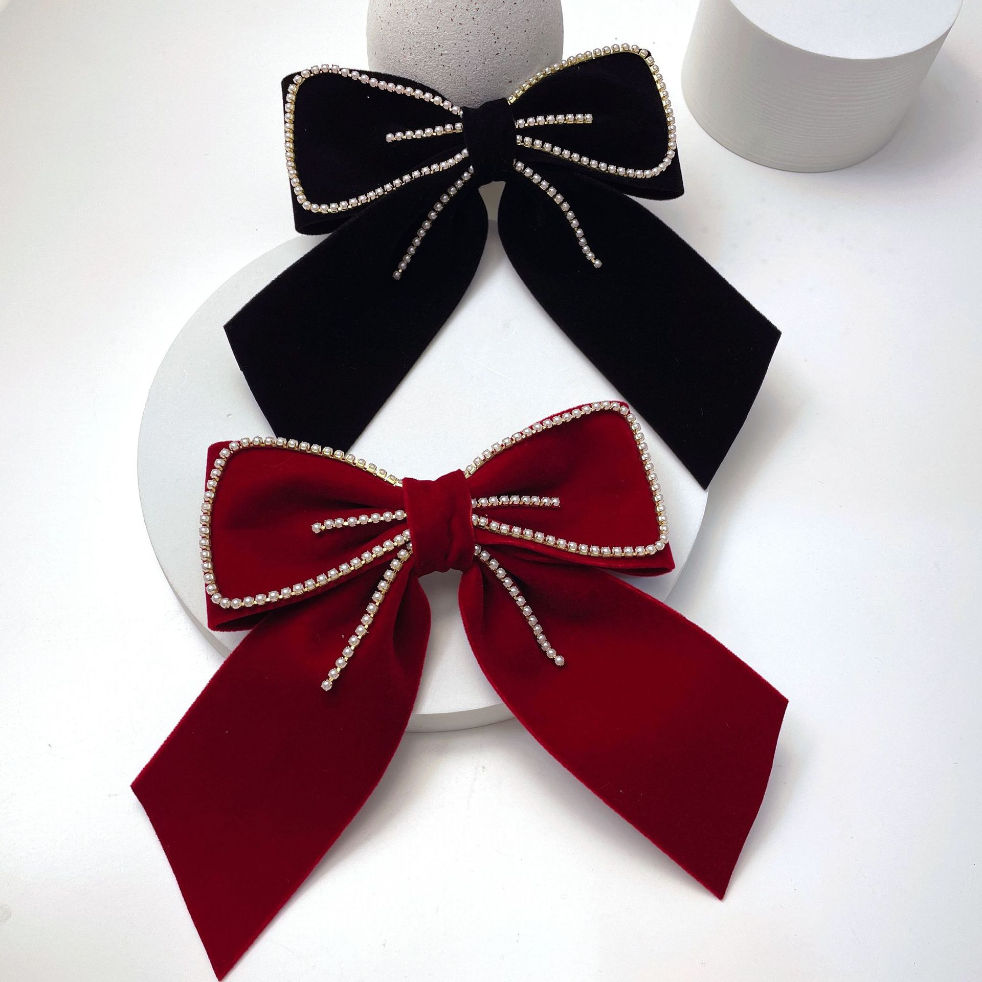 Winter New Velvet Pearl Ribbon Bowknot Spring Clip Barrettes Girl Japanese and Korean Temperamental Bowknot Hairpin