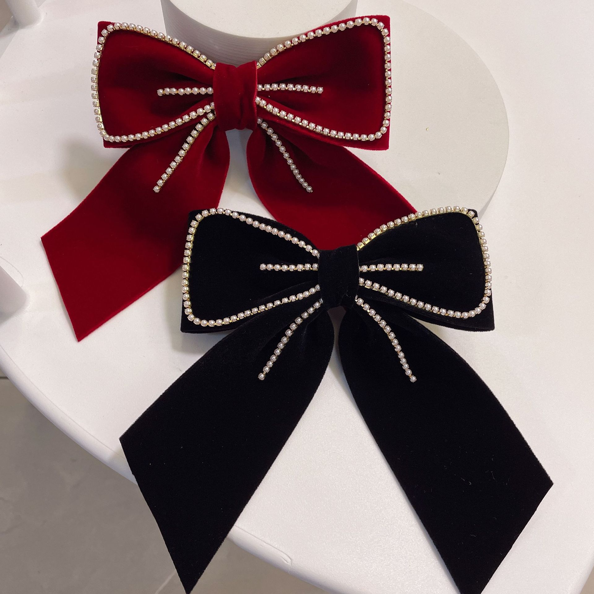 Winter New Velvet Pearl Ribbon Bowknot Spring Clip Barrettes Girl Japanese and Korean Temperamental Bowknot Hairpin