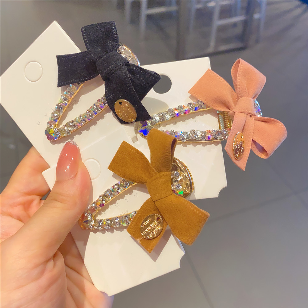 Korean New Simple Internet Celebrity Same Style Lint Bowknot Diamond-Embedded Super Flash Side Clip Korean Hairpin Hairpin Ladies