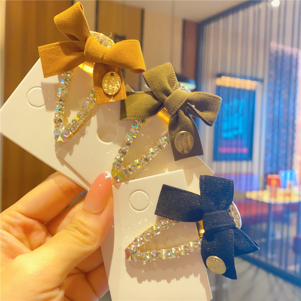 Korean New Simple Internet Celebrity Same Style Lint Bowknot Diamond-Embedded Super Flash Side Clip Korean Hairpin Hairpin Ladies