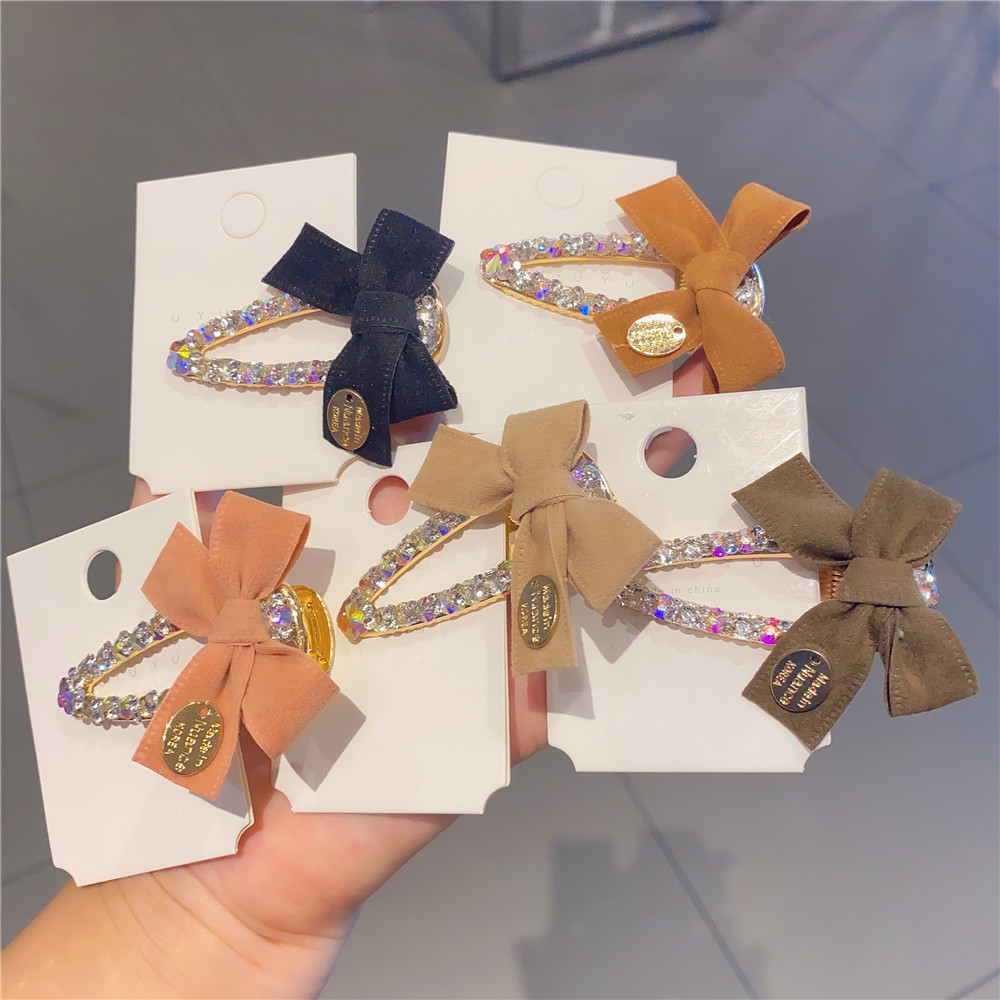 Korean New Simple Internet Celebrity Same Style Lint Bowknot Diamond-Embedded Super Flash Side Clip Korean Hairpin Hairpin Ladies