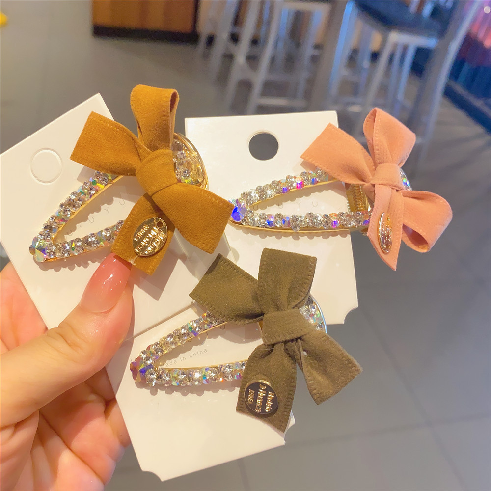 Korean New Simple Internet Celebrity Same Style Lint Bowknot Diamond-Embedded Super Flash Side Clip Korean Hairpin Hairpin Ladies