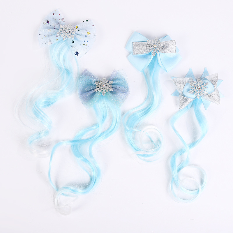 New Ice and Snow Princess Bowknot Wig Snowflake Barrettes Braid Children Headwear Wig Barrettes Aisha Hairpin