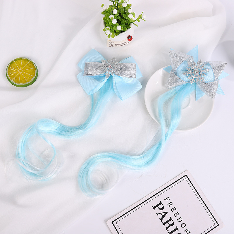 New Ice and Snow Princess Bowknot Wig Snowflake Barrettes Braid Children Headwear Wig Barrettes Aisha Hairpin