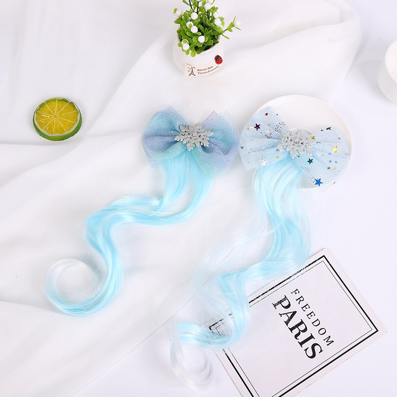 New Ice and Snow Princess Bowknot Wig Snowflake Barrettes Braid Children Headwear Wig Barrettes Aisha Hairpin