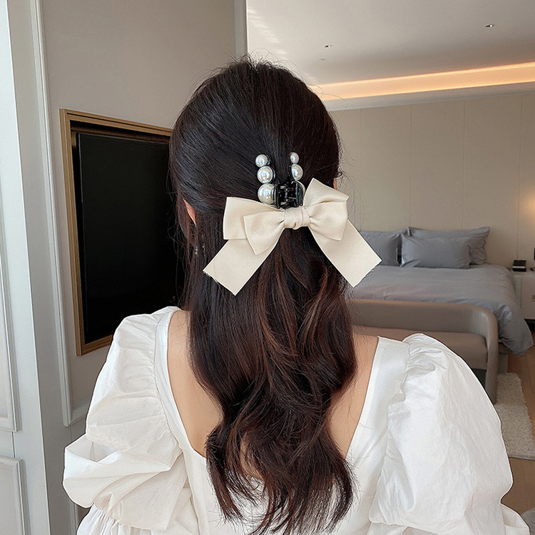 South Korea Dongdaemun Ribbon Bowknot Pearl Hair Accessories Grip Girl&#039;s Mid-Length Hair Refreshing Updo Hairpin Tie Hair