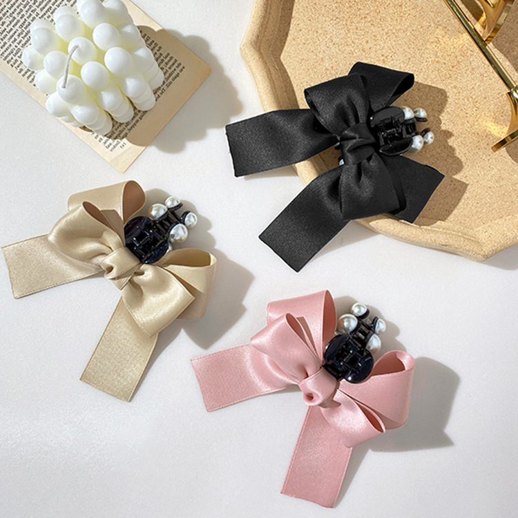 South Korea Dongdaemun Ribbon Bowknot Pearl Hair Accessories Grip Girl&#039;s Mid-Length Hair Refreshing Updo Hairpin Tie Hair