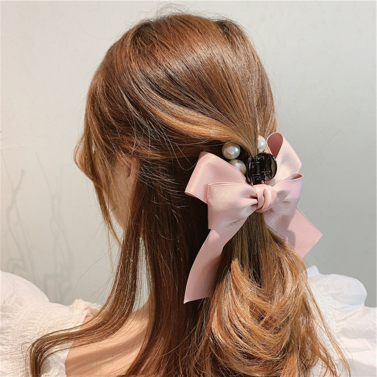 South Korea Dongdaemun Ribbon Bowknot Pearl Hair Accessories Grip Girl&#039;s Mid-Length Hair Refreshing Updo Hairpin Tie Hair