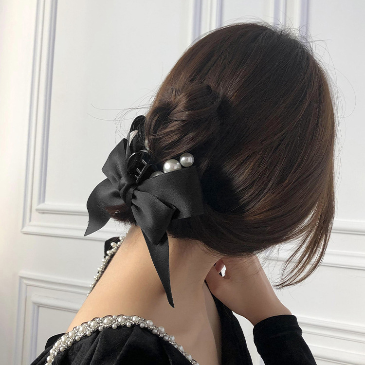 South Korea Dongdaemun Ribbon Bowknot Pearl Hair Accessories Grip Girl&#039;s Mid-Length Hair Refreshing Updo Hairpin Tie Hair