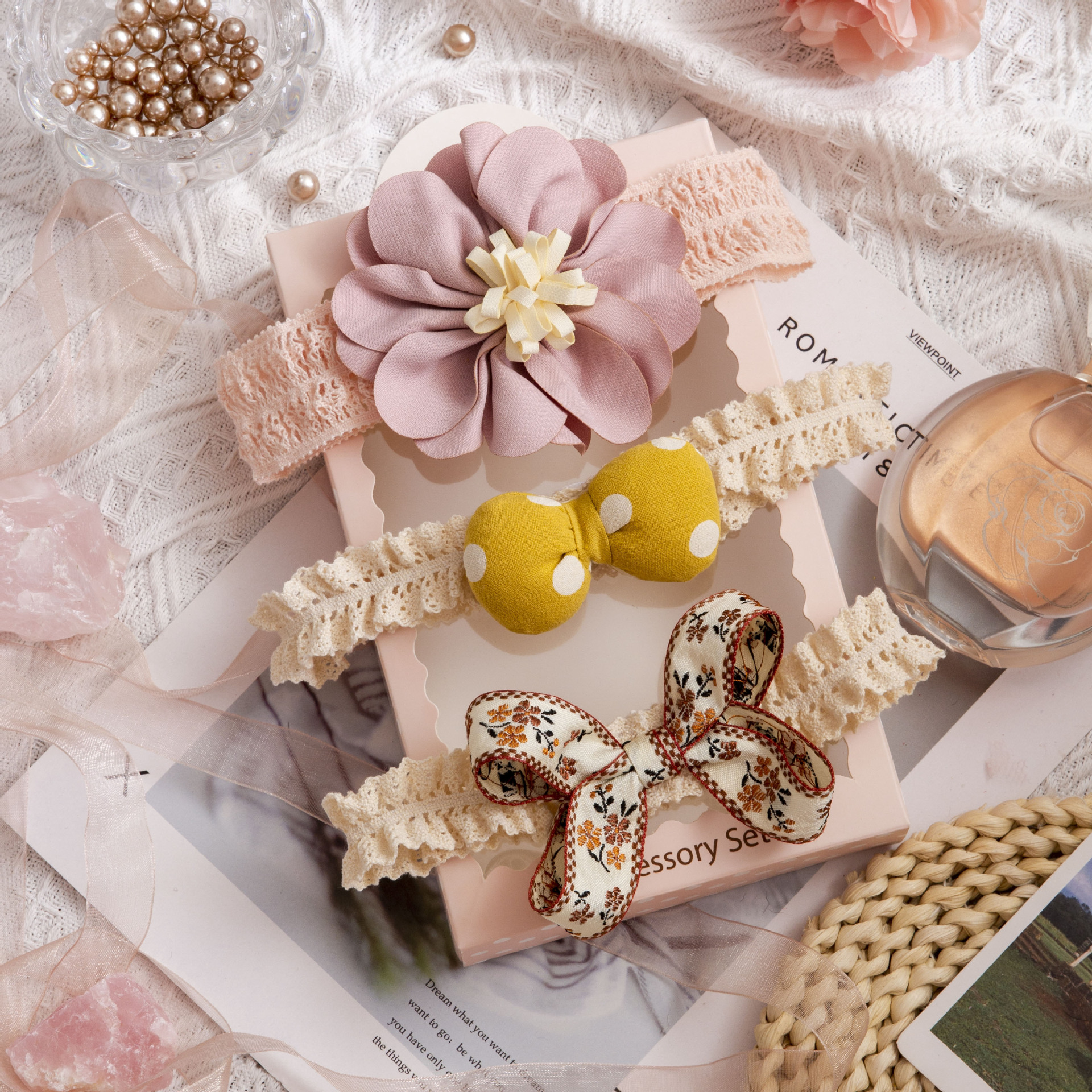 Bowknot Tie  Headband Children&#039;s Lace Headdress Flower Baby First Month Old 100 Days Old Three-Piece Baby Hair Band
