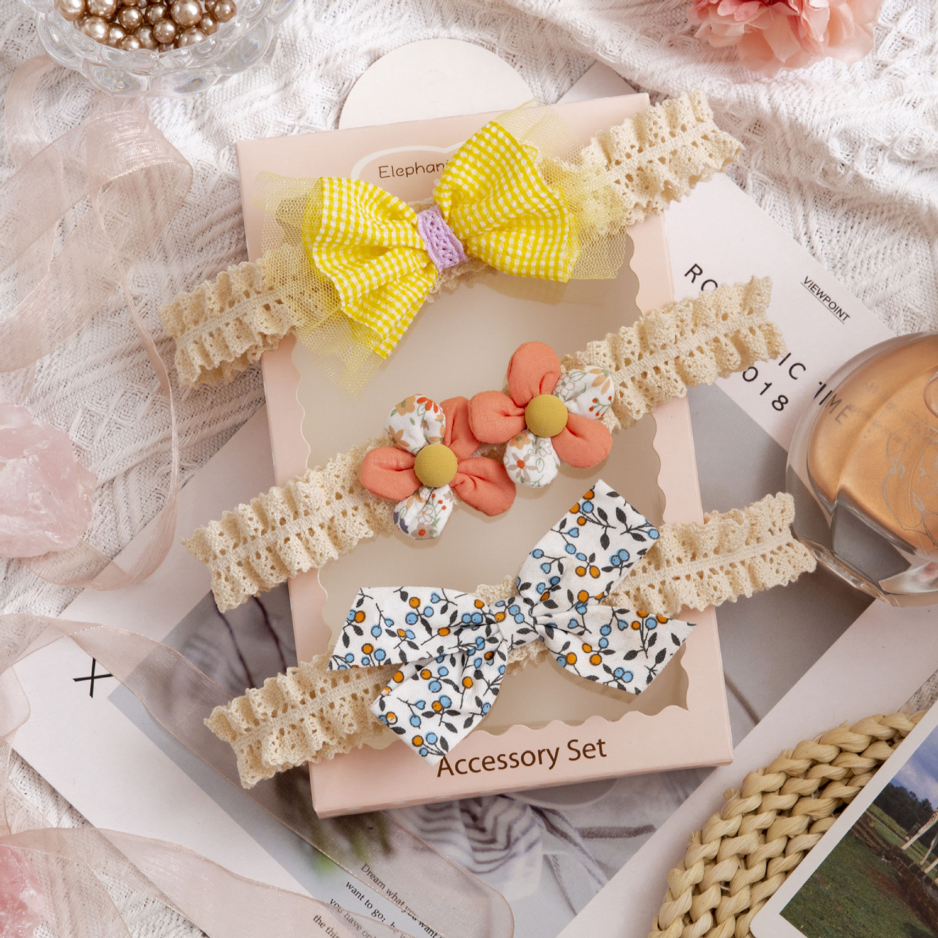 Bowknot Tie  Headband Children&#039;s Lace Headdress Flower Baby First Month Old 100 Days Old Three-Piece Baby Hair Band
