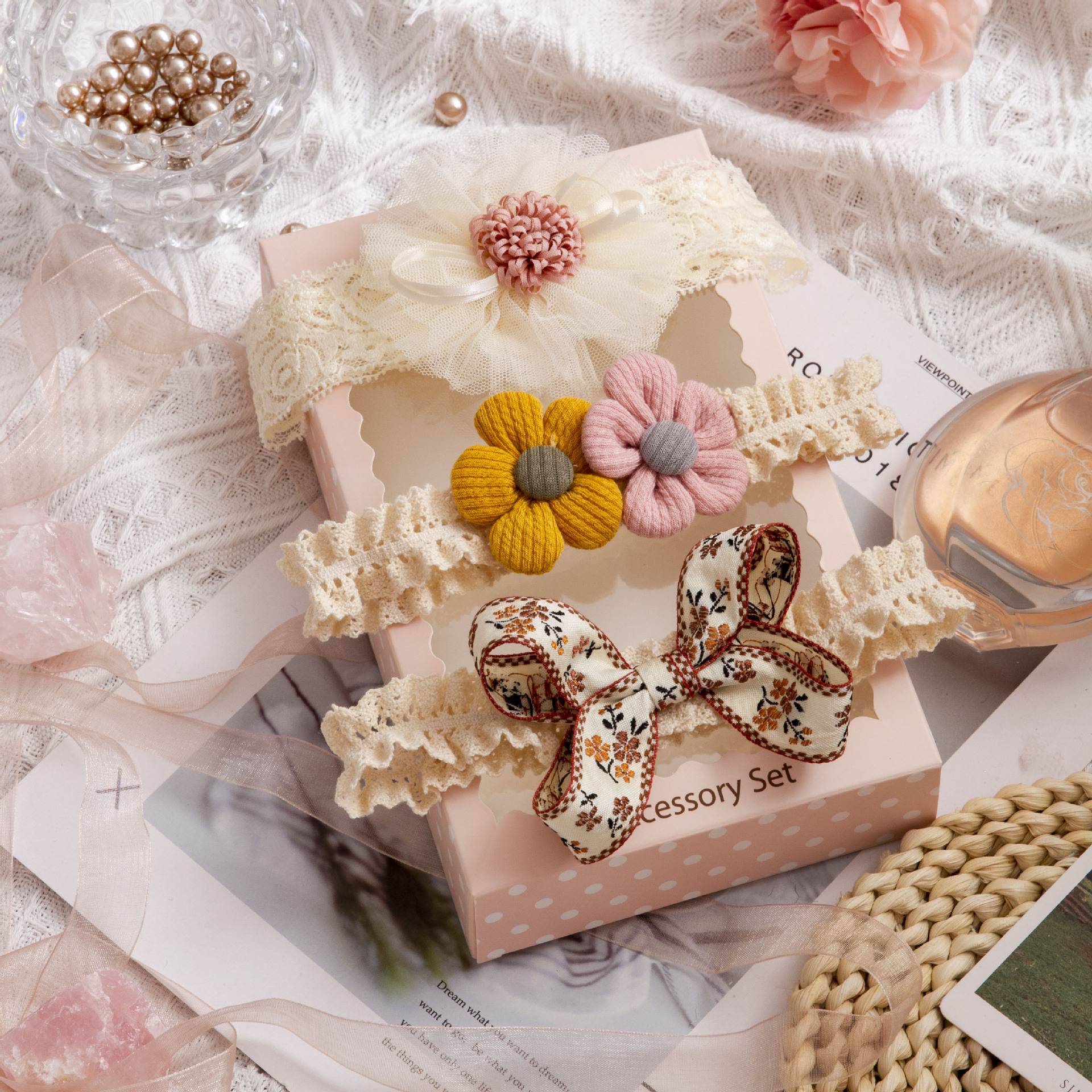 Bowknot Tie  Headband Children&#039;s Lace Headdress Flower Baby First Month Old 100 Days Old Three-Piece Baby Hair Band