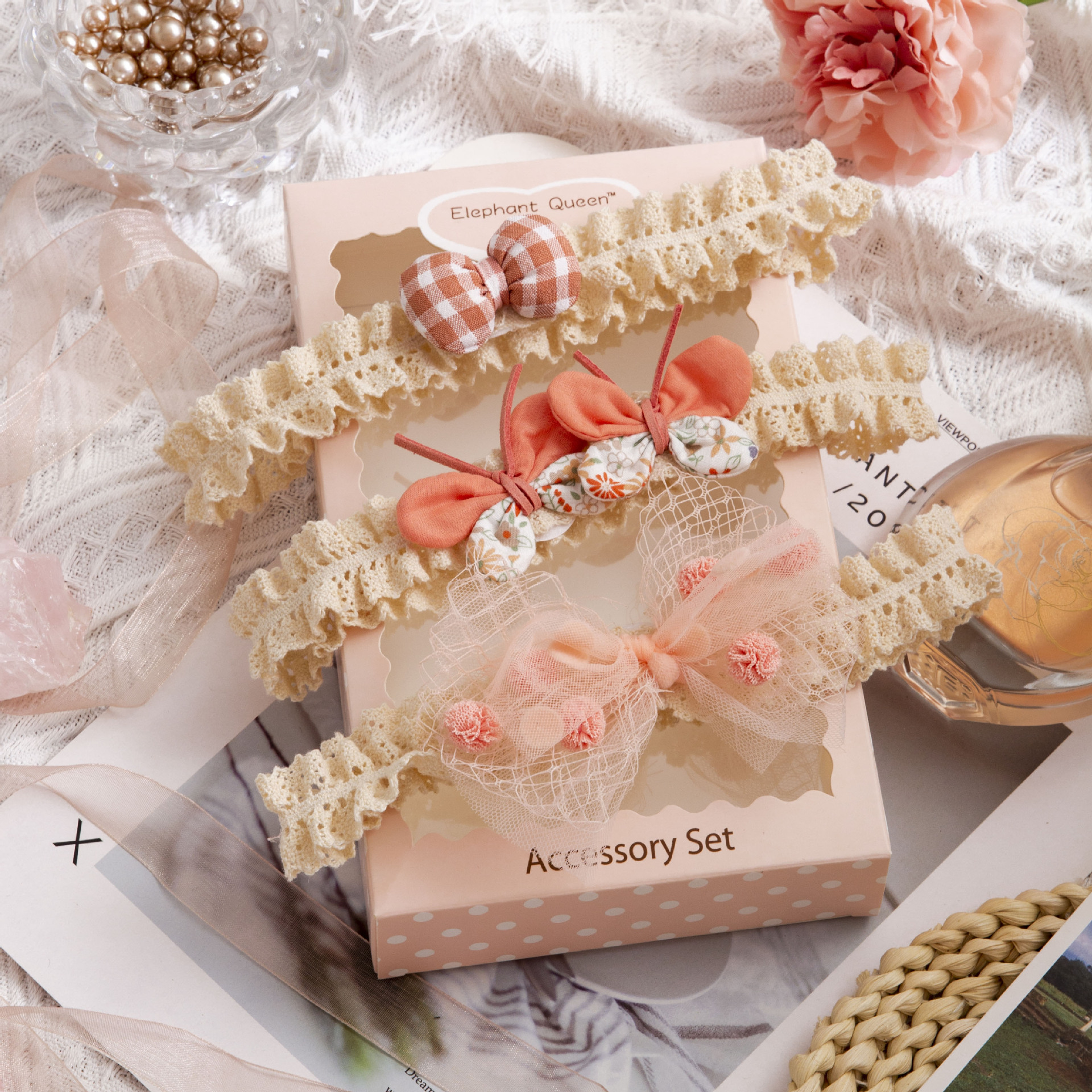 Bowknot Tie  Headband Children&#039;s Lace Headdress Flower Baby First Month Old 100 Days Old Three-Piece Baby Hair Band