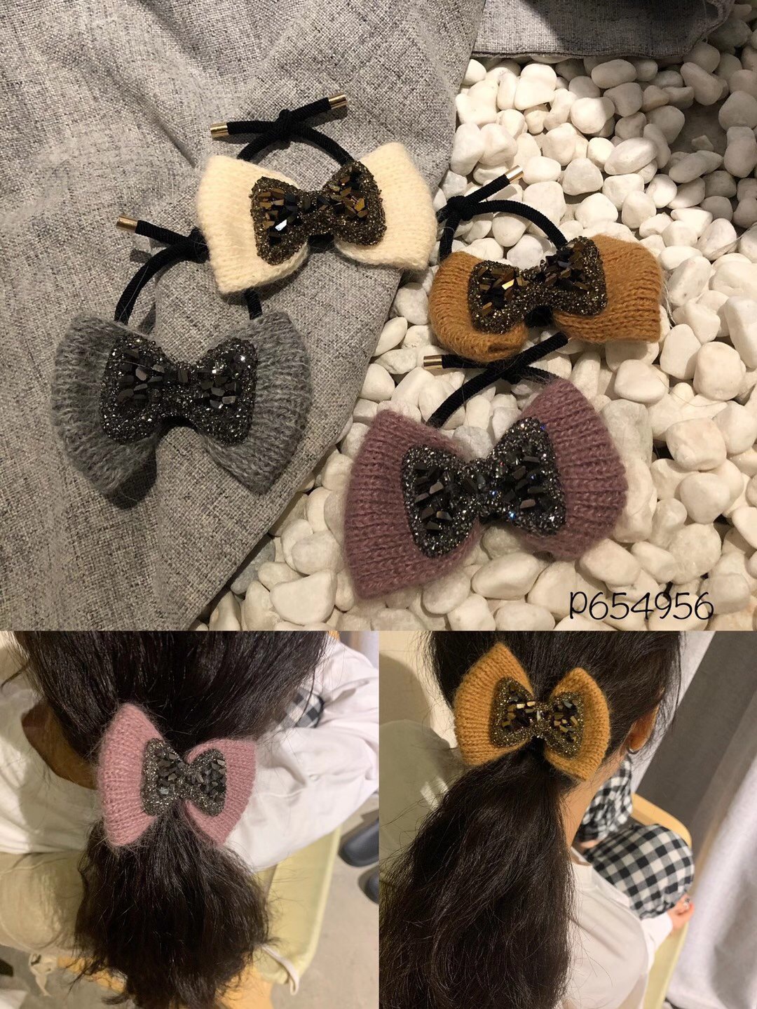 Knitted Bowknot Diamond Bow Tie New Autumn and Winter Rubber Hand with Flower Style Hair Rope