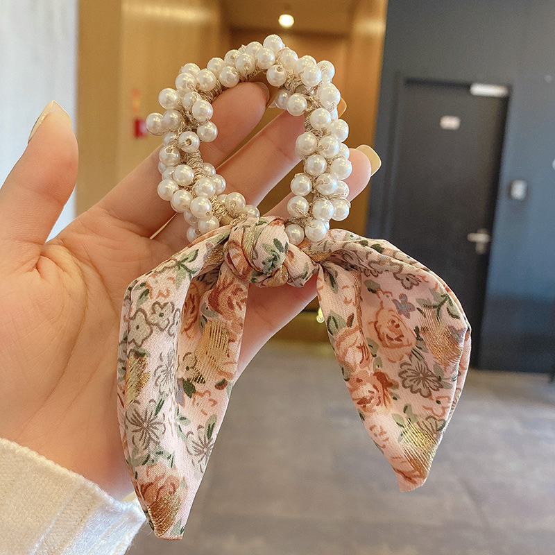 Korean Floral Ribbon Bowknot Headdress Internet Influencer Pearl Hair Band Hair Tie Female Hair Band Summer Bowknot Tie