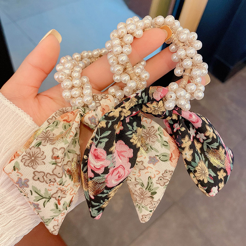 Korean Floral Ribbon Bowknot Headdress Internet Influencer Pearl Hair Band Hair Tie Female Hair Band Summer Bowknot Tie