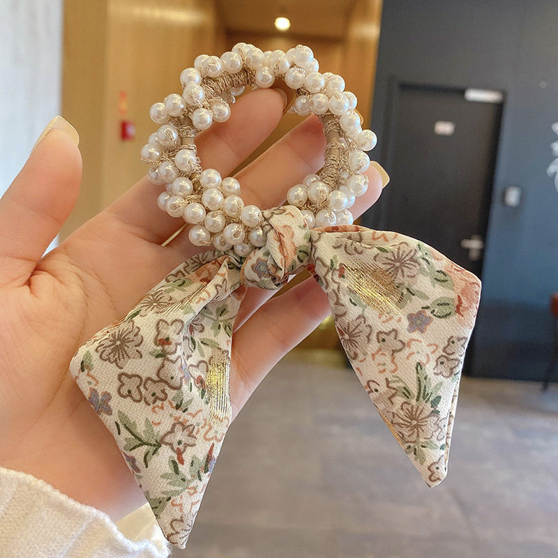 Korean Floral Ribbon Bowknot Headdress Internet Influencer Pearl Hair Band Hair Tie Female Hair Band Summer Bowknot Tie