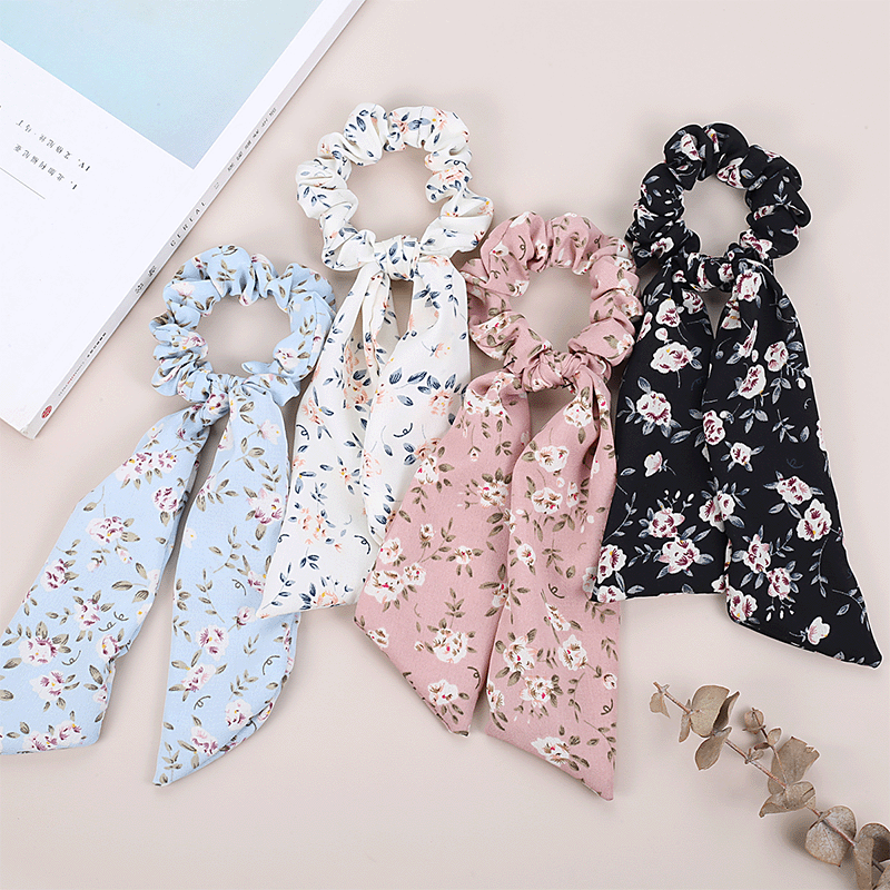 French Large Intestine Hair Band Streamer Solid Color Printing Bowknot Hair Ring Children Bowknot Tie