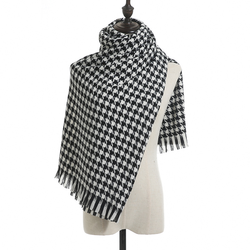 Houndstooth Scarf Winter Women&#039;s New European and American Cashmere Warm Tassel Shawl Thickened Cold-Proof Scarf Scarf
