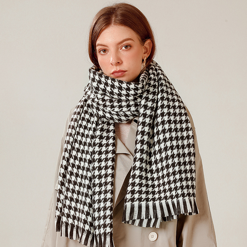 Houndstooth Scarf Winter Women&#039;s New European and American Cashmere Warm Tassel Shawl Thickened Cold-Proof Scarf Scarf